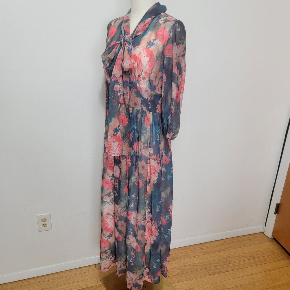 Long Sleeve Floral Maxi Dress Dalia Macphee Large Tie-Front Chiffon Cottagecore